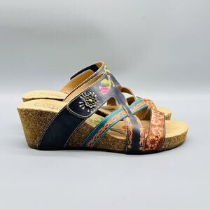 Spring Step L'Artiste Sandals Women 10 Multicolor Leather Swan Wedge Floral Boho